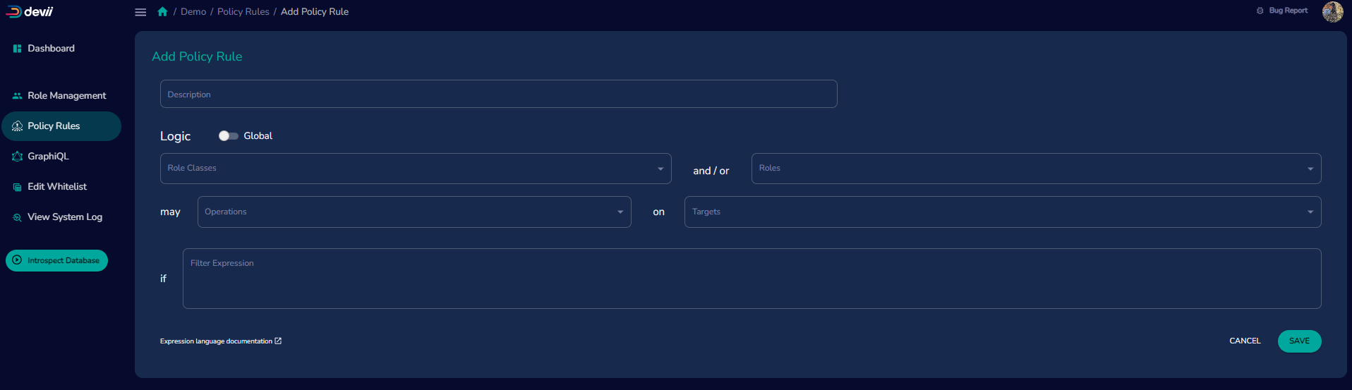Add new policy rule Database Details