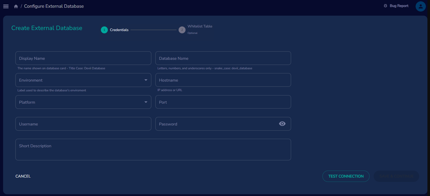 Create database in Portal Add Database