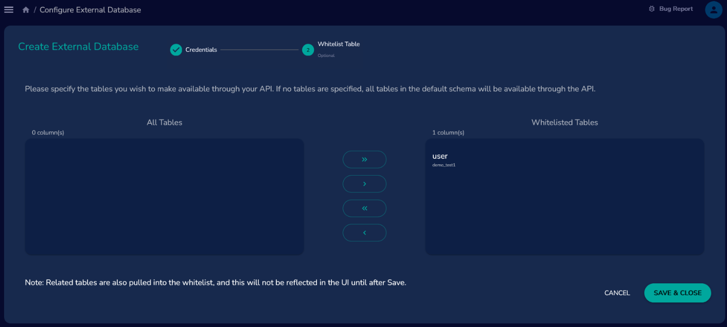 Whitelist table Add Database Whitelist Moved Items